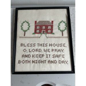 Vintage Cross Stitch Sampler Motto Bless This House Oh Lord, We Pray Cottagecore
